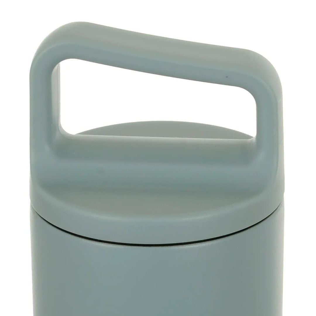 Close up of handle on grey insulated wide mouth water bottle