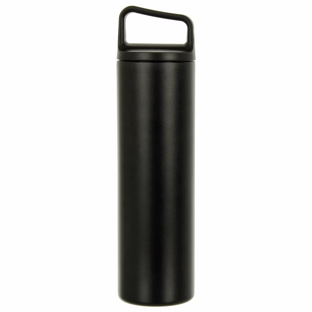 Black stainless steel insulated water bottle with easy grip handle