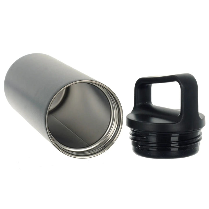 Stainless steel drinks bottle on its side with screw lid off to show the interior