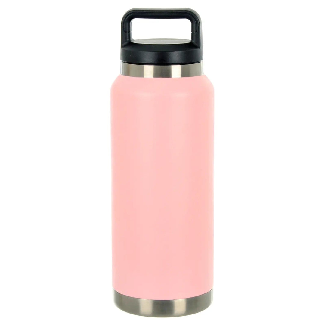 Pink stainless steel large insulated water bottle with black handle lid