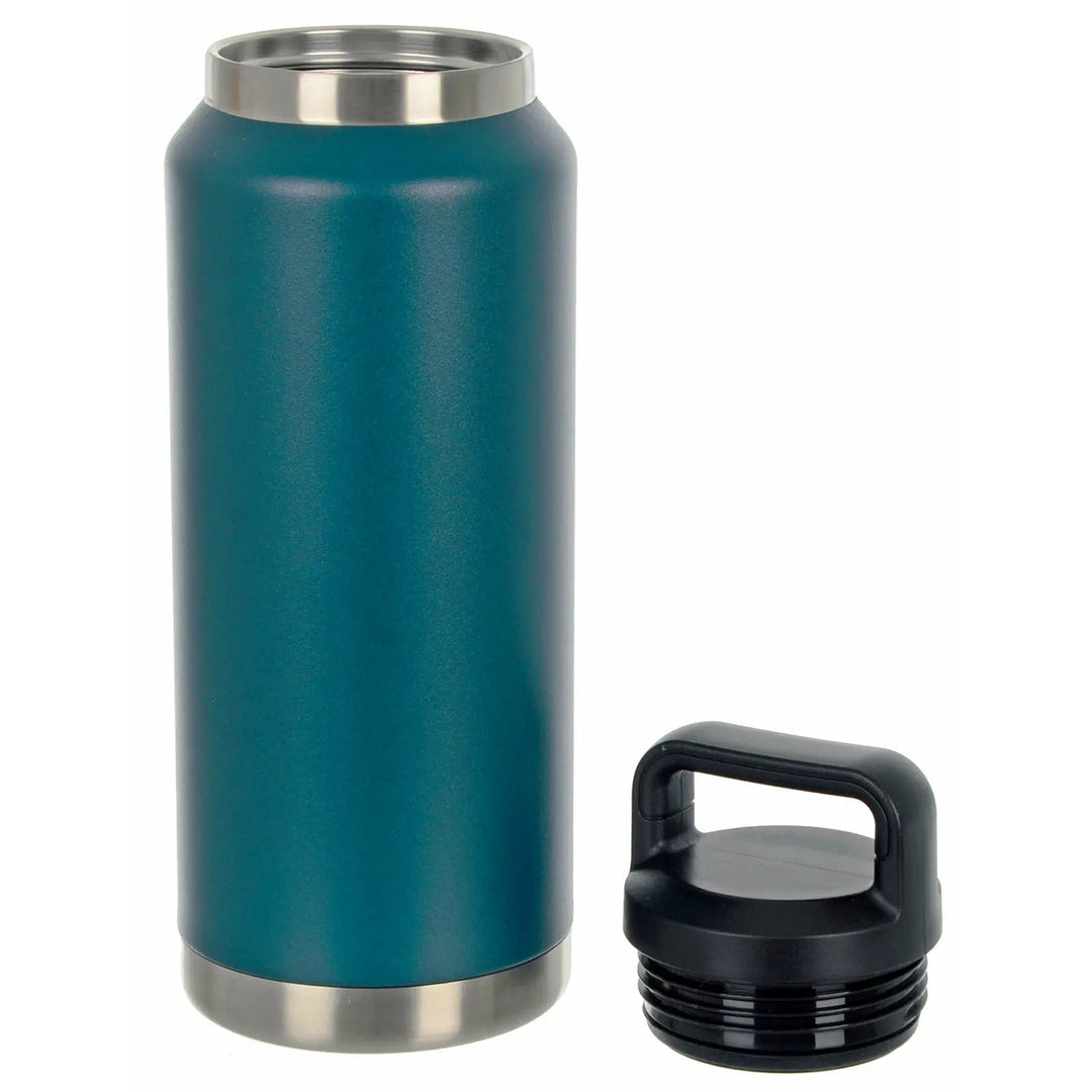 Teal colour stainless steel drinks bottle with handle lid off to show screw top