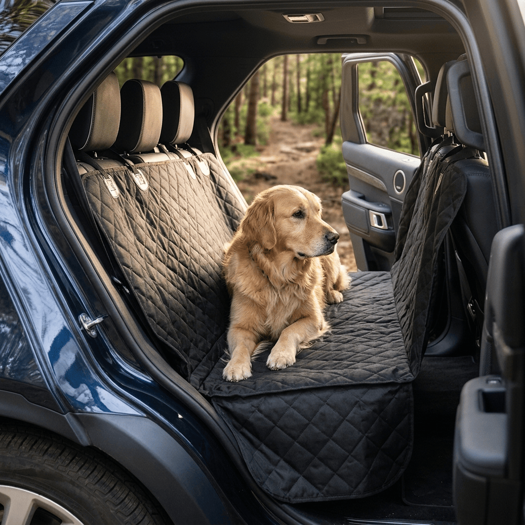 Dog sitting on a car seat cover in the back of a vehicle with a forest path outside.