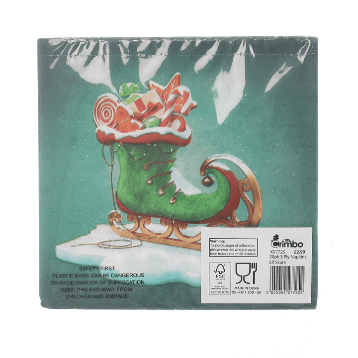 back view of 20 pack napkin cellophane packaging featuring responsibly sourced paper label