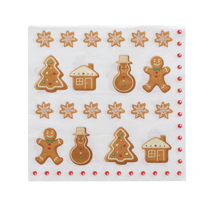 white gingerbread theme paper napkin featuring gingerbread house, tree, snowman and man with red candy dots to the edge