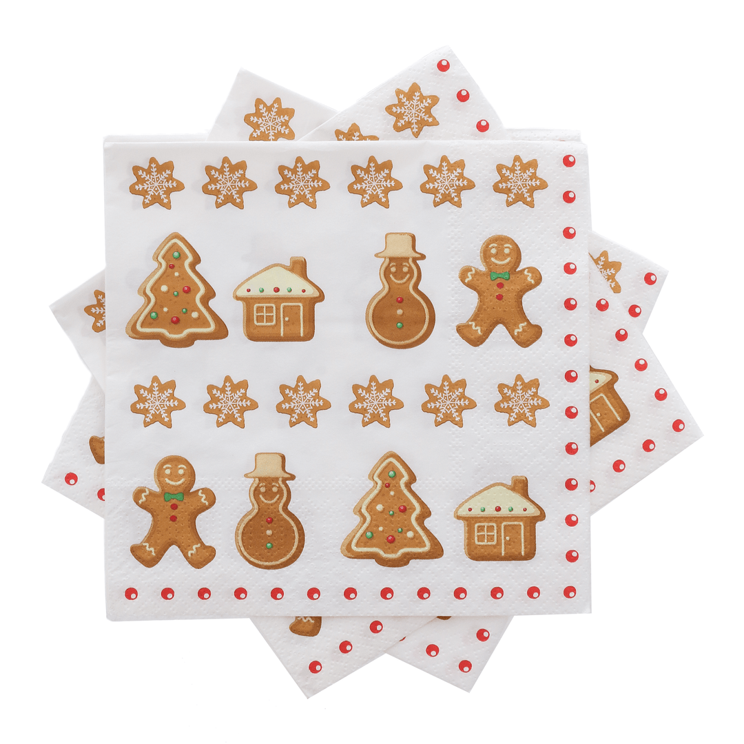 3 gingerbread napkins spread out on white background