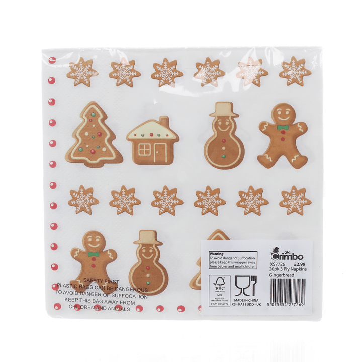 back view of gingerbread napkin 20 pack featuring responsible sourced paper label