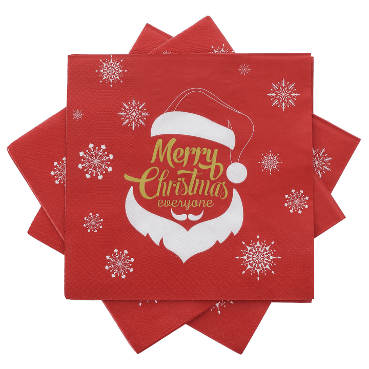 3 red christmas napkins spread out featuring santa and snowflake design with gold merry christmas everyone slogan