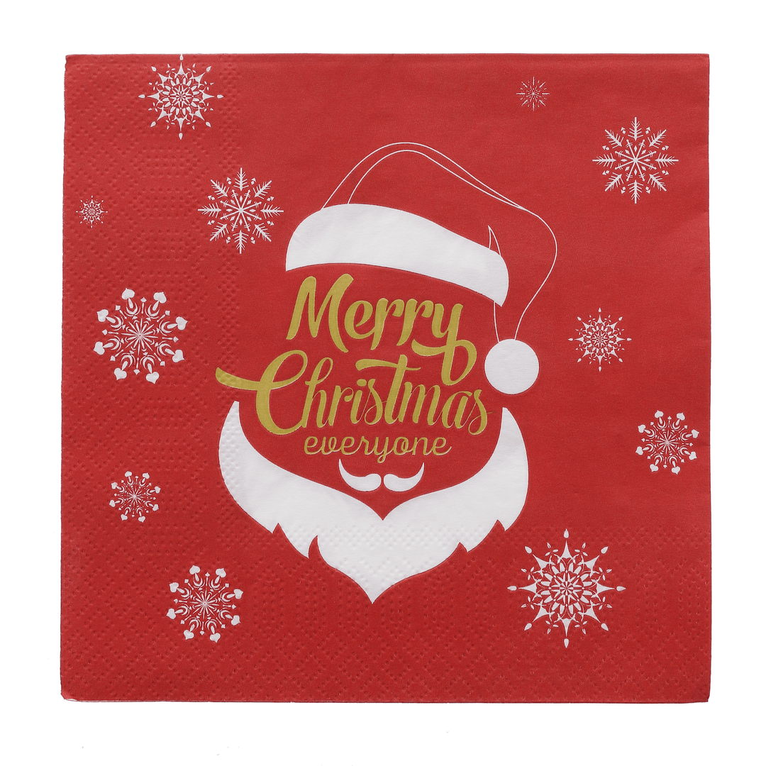 red christmas paper napkin featuring white santa claus outline with gold merry christmas everyone slogan in the centre