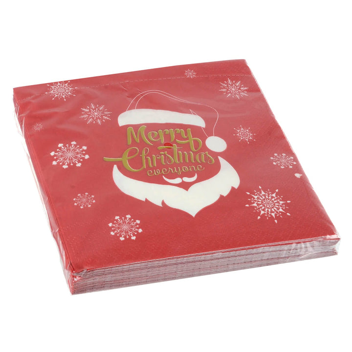 Packet of red white and gold Santa design Christmas napkins on a white background