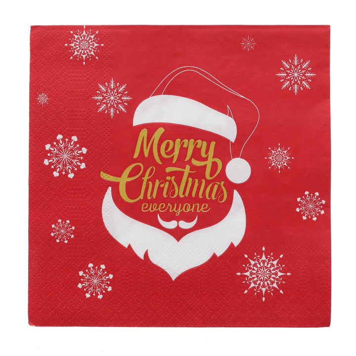 Red Christmas napkin with snowflakes Santa graphic and gold Merry Christmas slogan