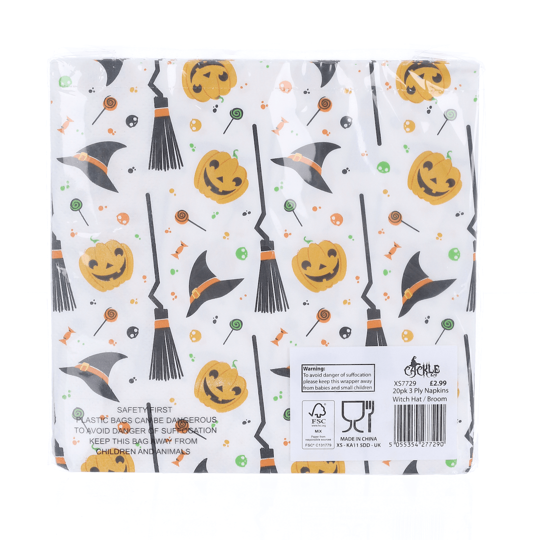 back view of halloween napkins in cellophane wrapped featuring responsibly sourced materials label