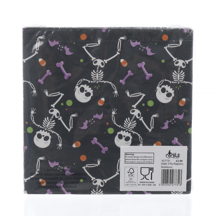 dancing skeletons napkins in cellophane wrapped with responsible sourced paper label