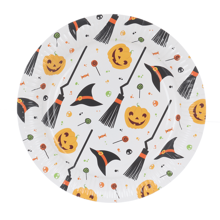 paper plates on white background featuring orange and black pumpkin, witches hats, witches brooms and halloween candy design