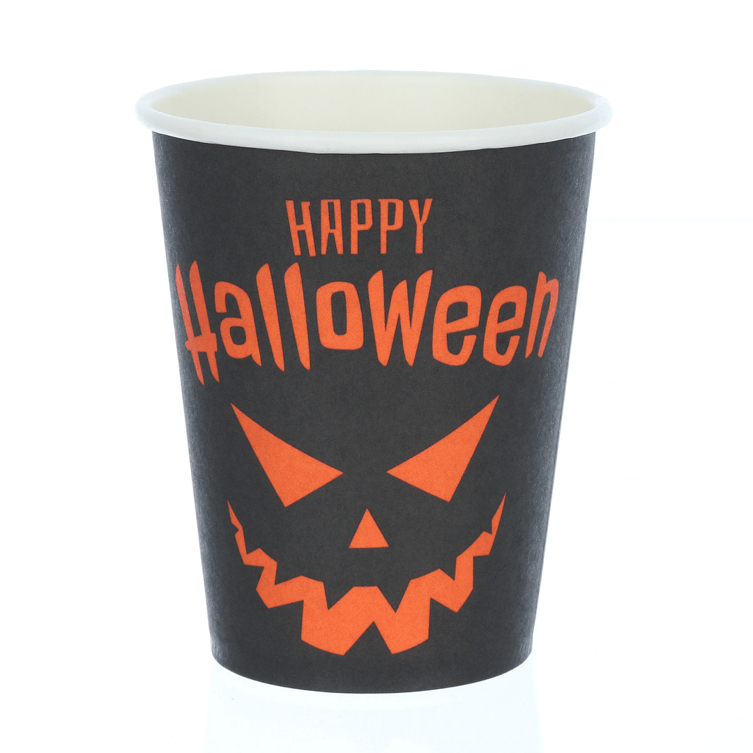 single paper happy halloween cup featuring orange slogan and pumpkin face