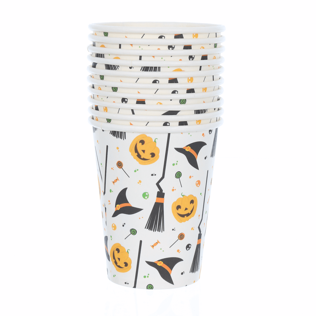 10 halloween paper cups stacked together on a white background