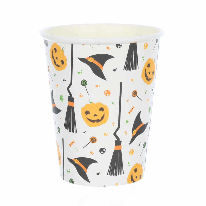 single paper cup featuring ridge edge with orange and black all over halloween print