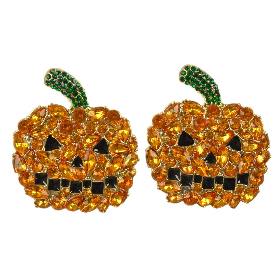 Pair of Halloween pumpkin earrings with orange and green jewels