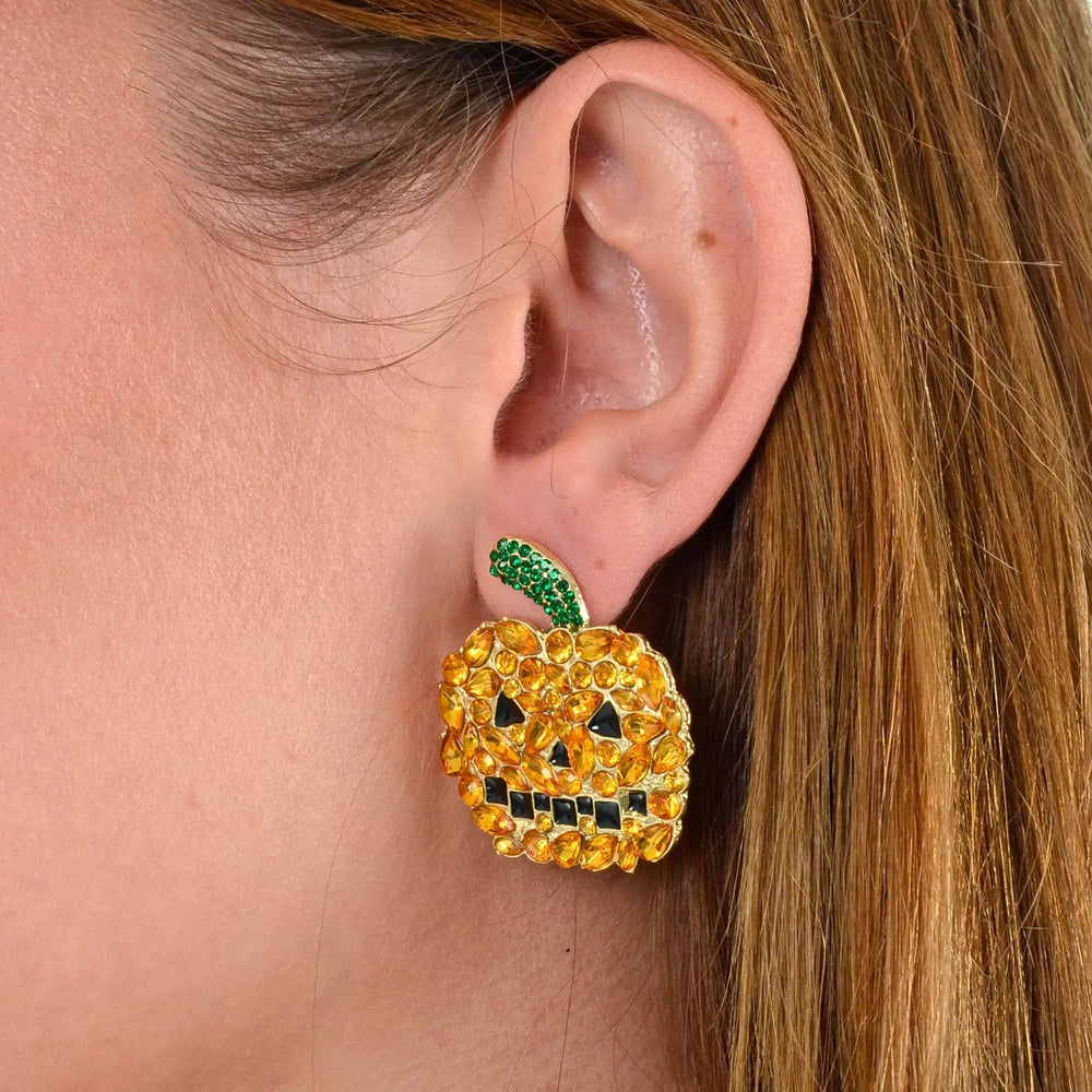 Orange, green and black jewelled mosaic pumpkin earring for Halloween parties