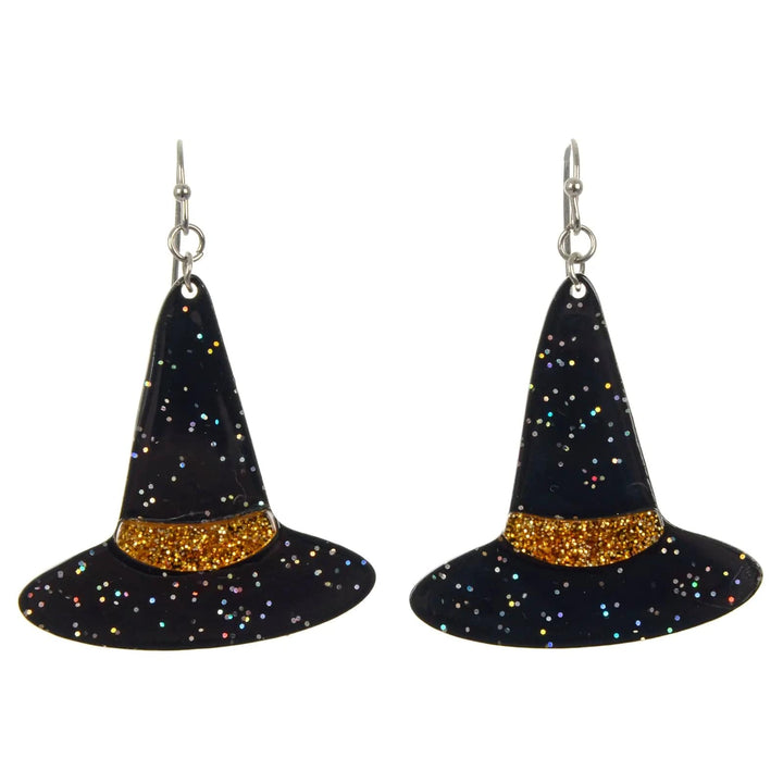 air of witch hat earrings in black with glitter and gold glitter hatband for Halloween parties