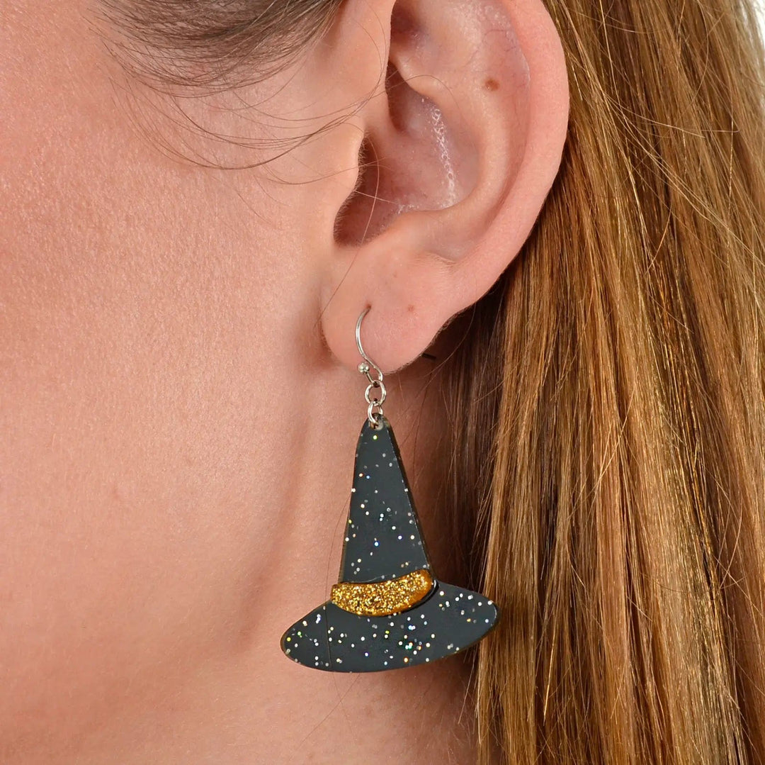 Black witch hat with gold glitter hatband drop earrings for Halloween parties