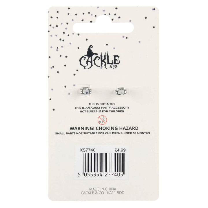 Reverse of a card with Cackle &amp; Co branding with earring butterfly backs