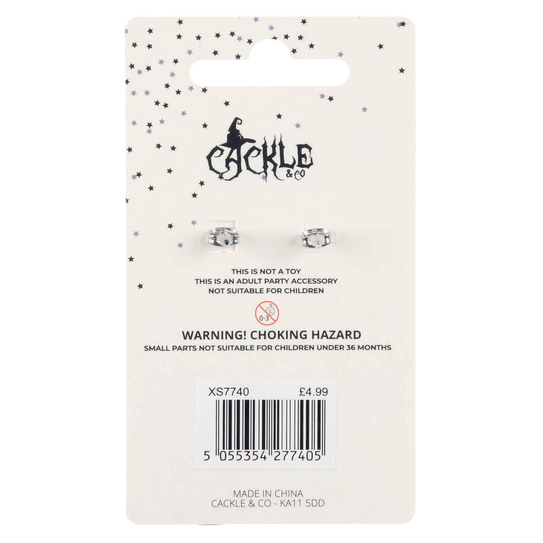 Reverse of a card with Cackle & Co branding with earring butterfly backs