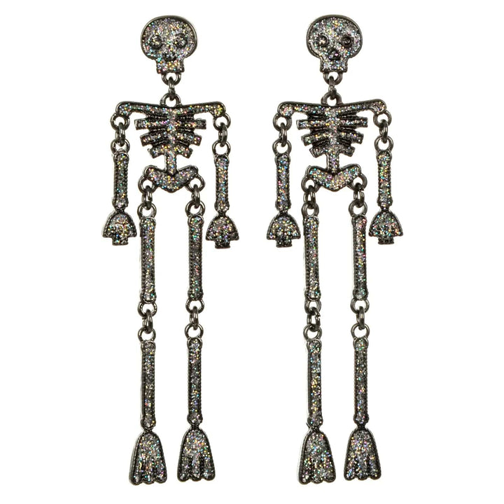 Par of long skeleton drop earrings with silver glitter for Halloween fancy dress costumes