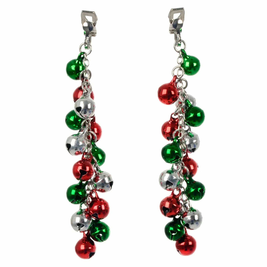 Pair of long drop Christmas earrings with silver, red and green mini sleigh bell baubles