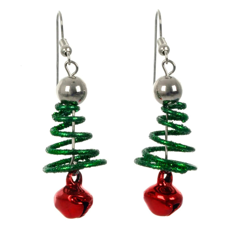 Pair of Christmas tree spiral earrings in silver and green with red sleigh bell