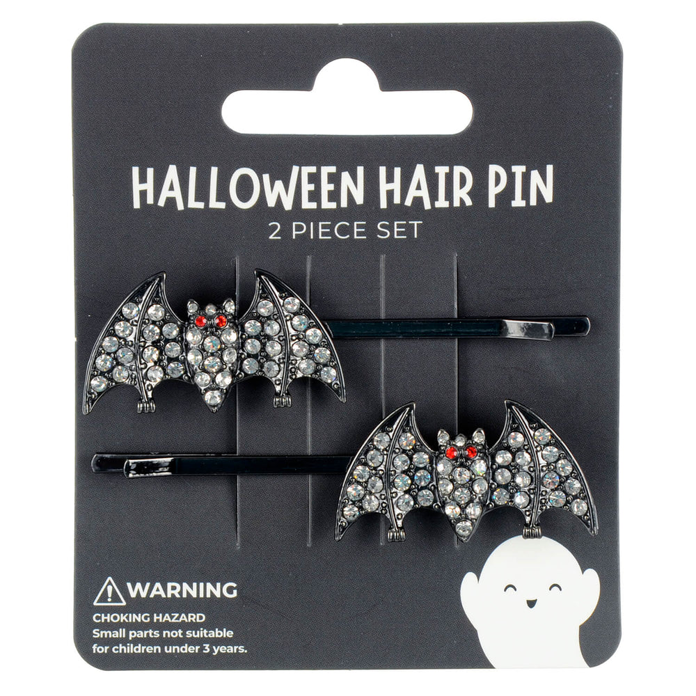 Halloween hair pin set with bat designs on a black card packaging.