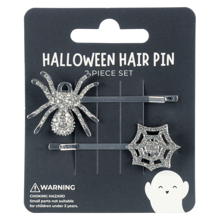 Halloween-themed hair pin set on a black card with spider, web, and ghost designs.