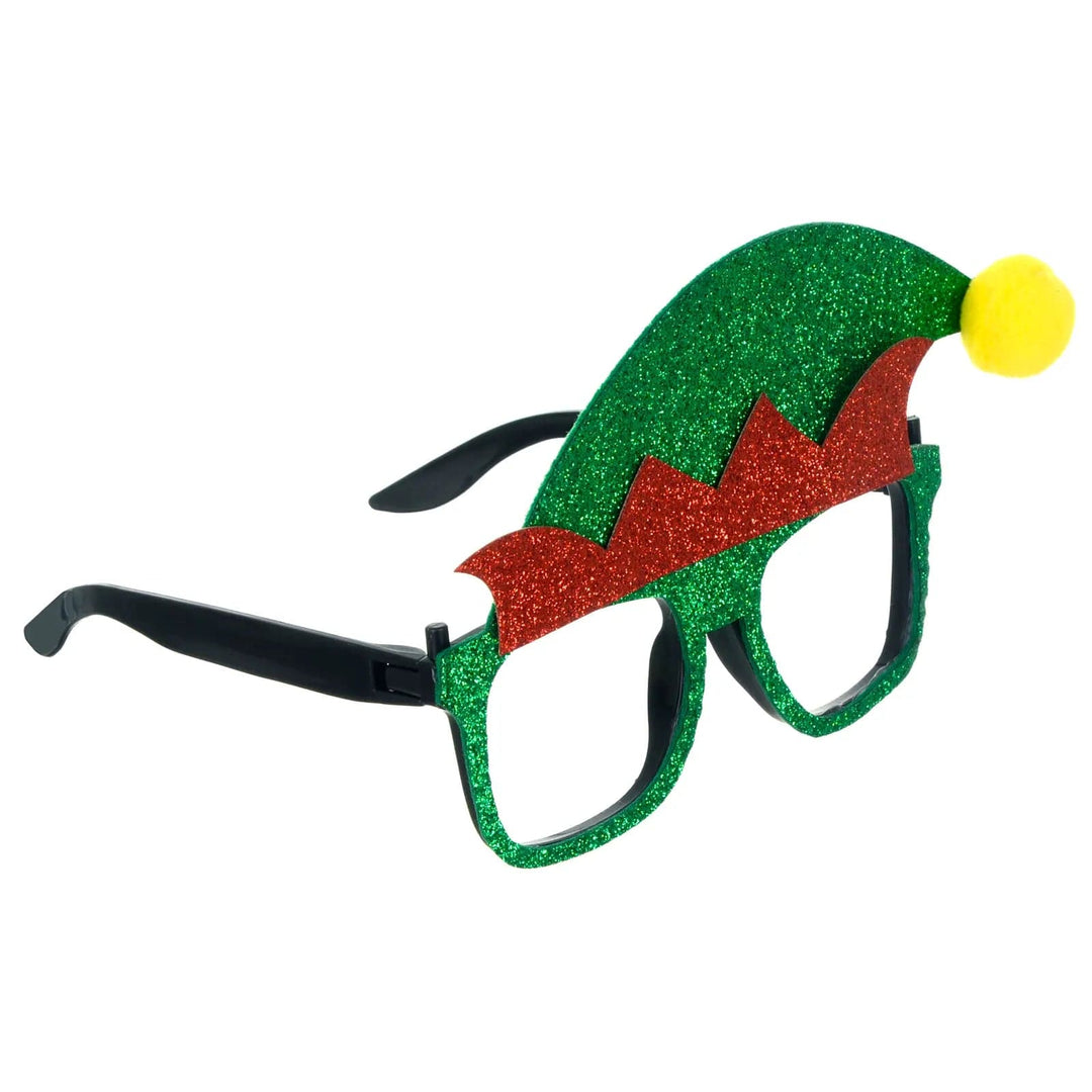 Green and red Elf Christmas glasses with yellow pom pom