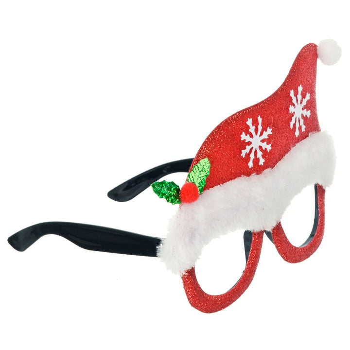 Christmas novelty glasses with red glitter santa hat and holly