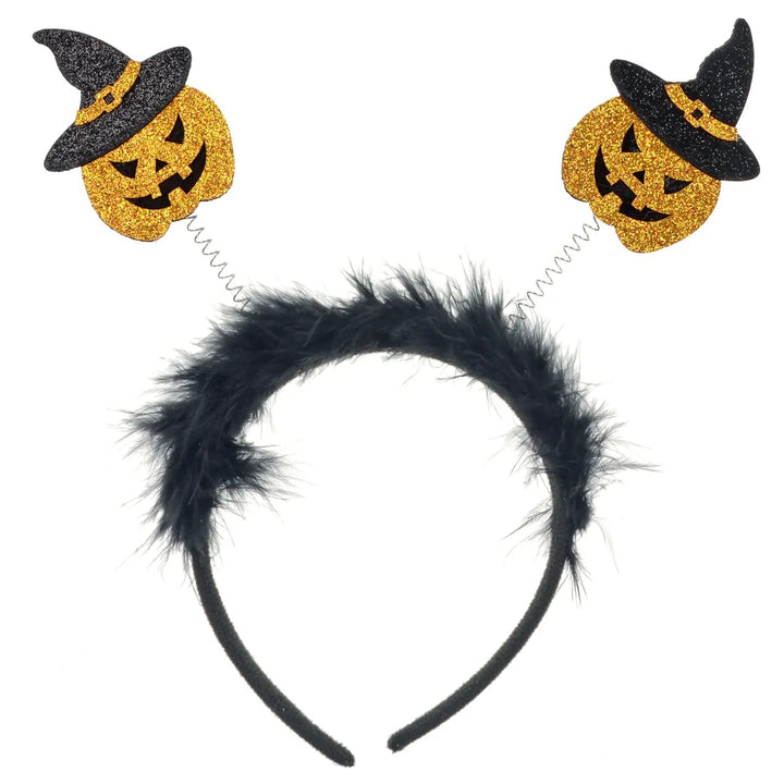 Black feathers headband with gold glitter pumpkins on springs for Halloween costumes