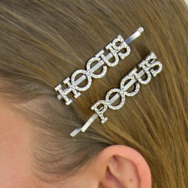 Set of 2 Halloween hair slides with Hocus Pocus slogan in diamante lettering