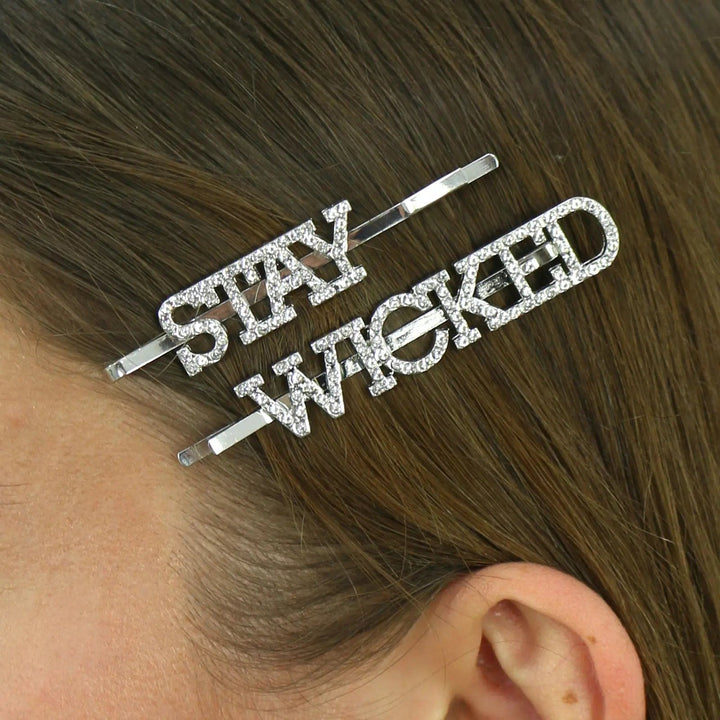 Set of 2 halloween hair slides with Stay and Wicked slogan diamante details