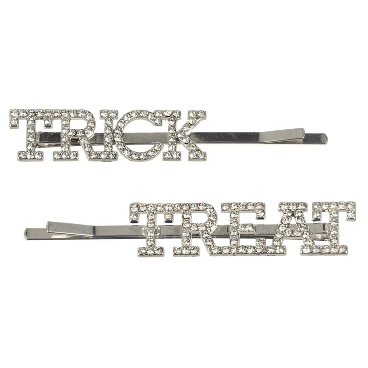 Set of 2 Halloween hair slides with Trick and Treat lettering studded with diamante