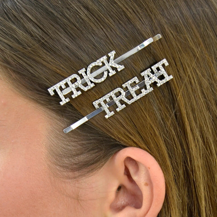 Trick Treat Halloween hair sildes with silver diamante decoration