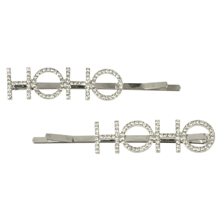 Pair of Ho Ho Ho Christmas hair slides in silver with diamante letters