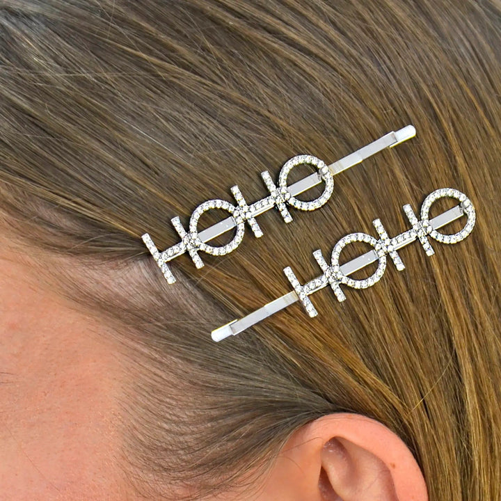 set of 2 Christmas hair slides with HoHo lettering in sparkling diamante for Christmas parties