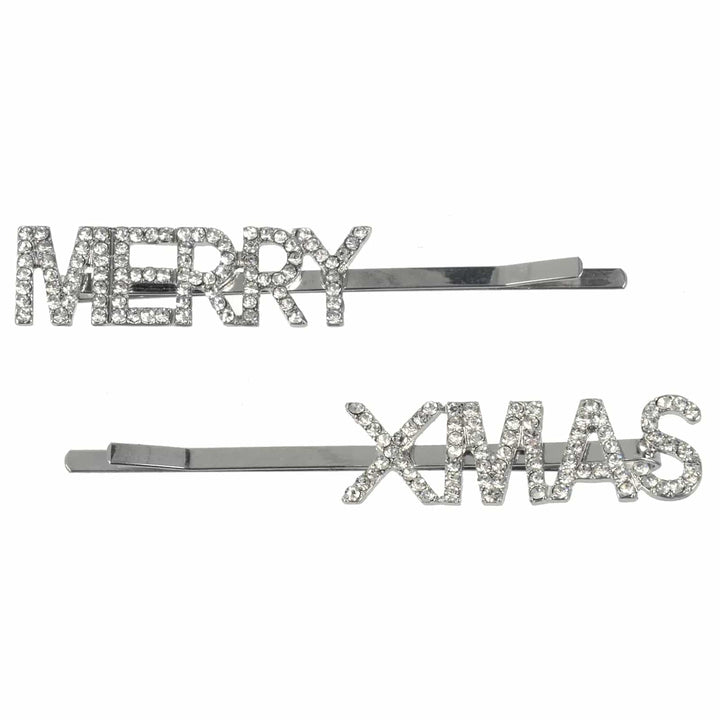 Pair of Merry Xmas Chfristmas hair slides in silver with diamante letterss