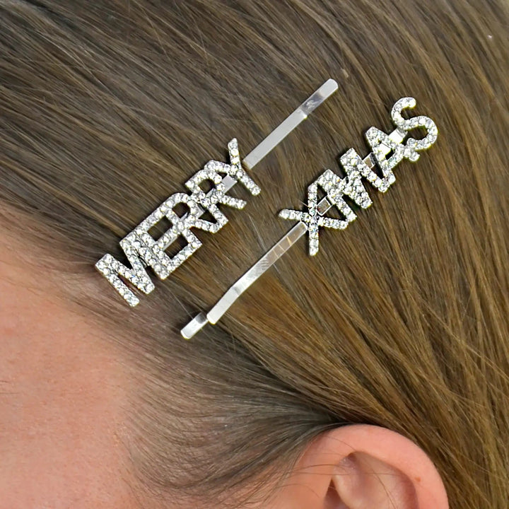 Merry Xmas Christmas hair clips in silver with diamante lattering