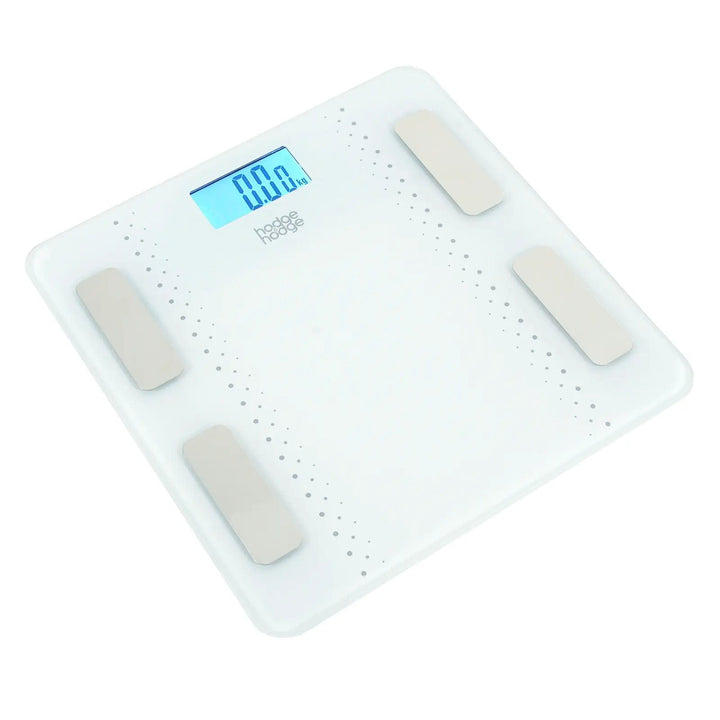 White bathroom scales with blue backlit LCD display, 4 silver sensors on a glass platform