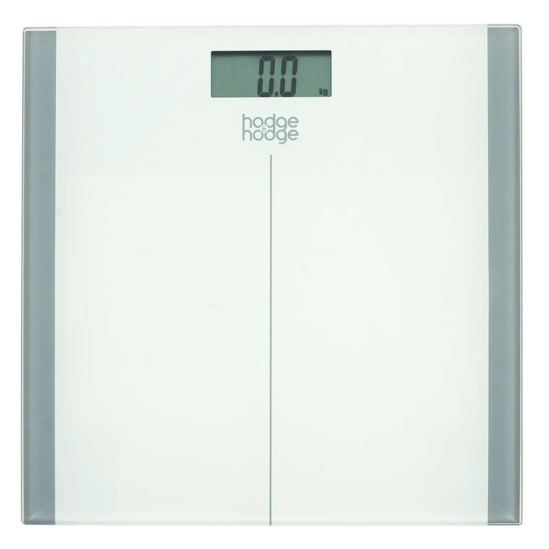 Top view of white bathroom scales with silver edge glass platform