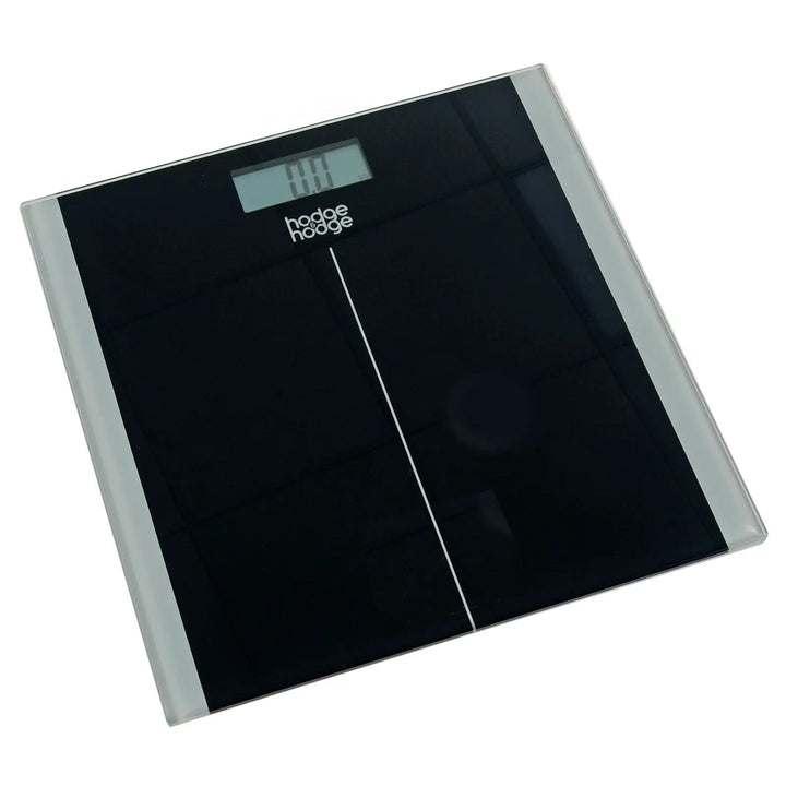 Black and silver glass platform bathroom scales from hodge and hodge