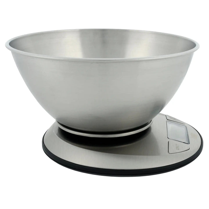 Side view of stainless steel kitchen scales with removable bowl