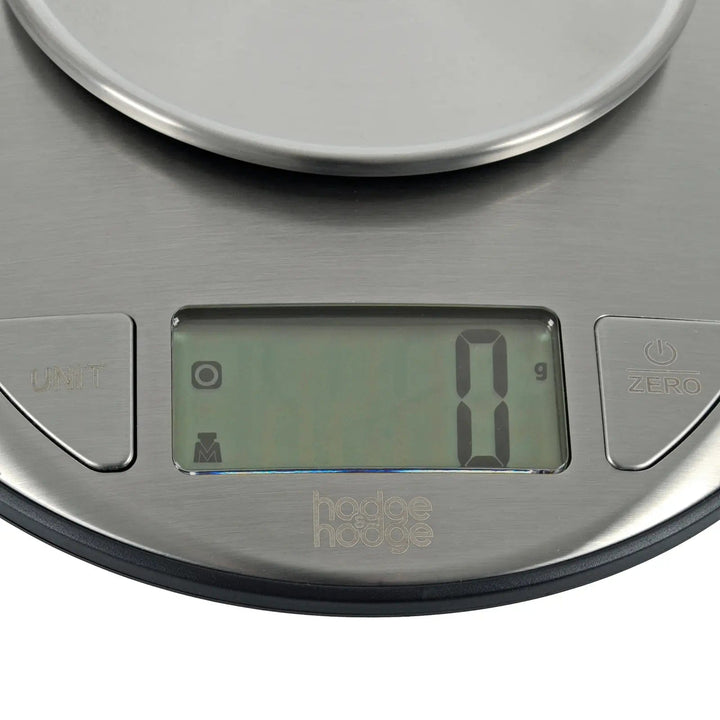 Close up of digital display on electronic kitchen scales in stainless steel