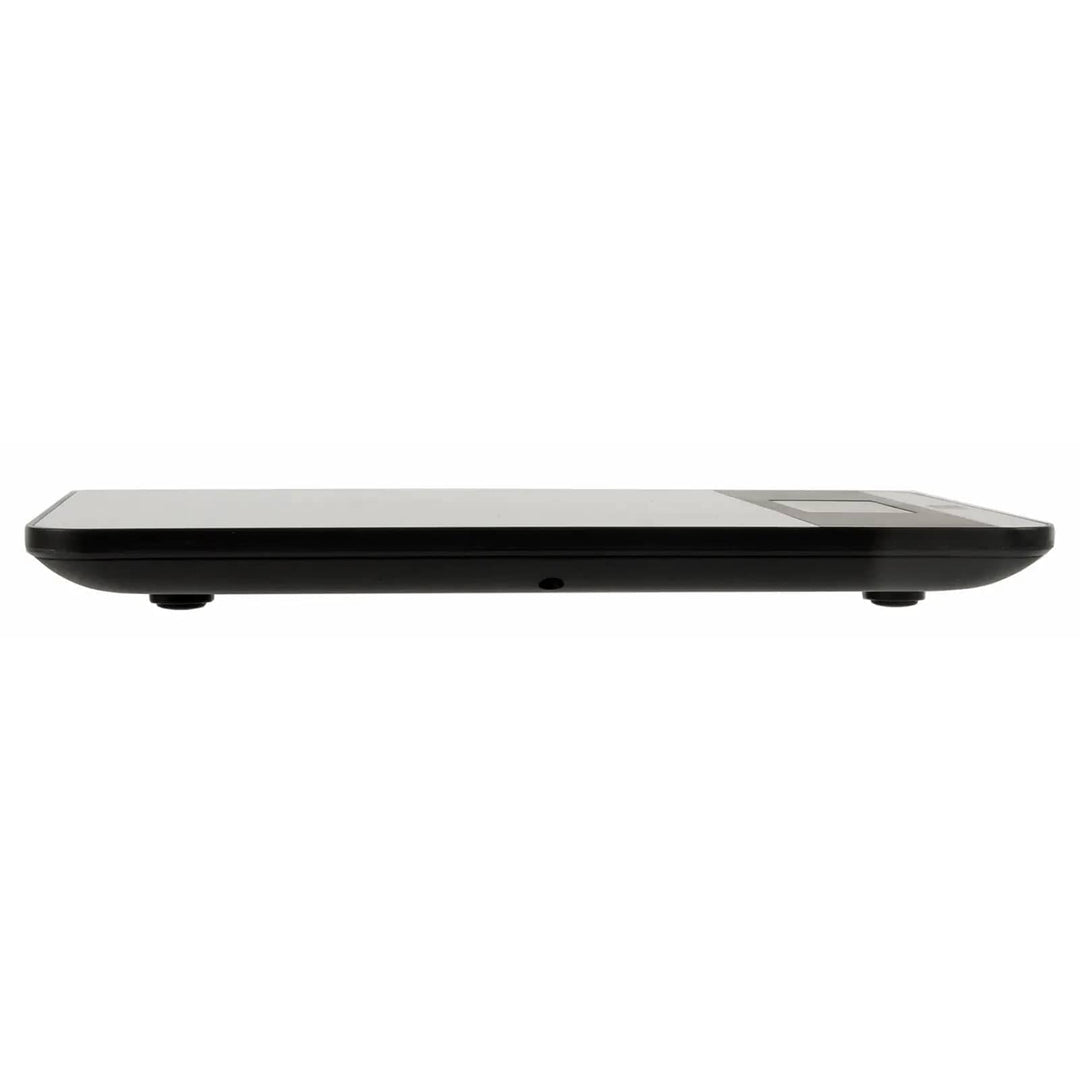 Side view of slim profile black and silver digital kitchen scales