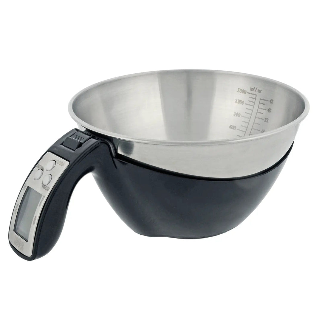 Measuring jug style electronic kitchen scales with black jug handle and removable stainless steel bowl