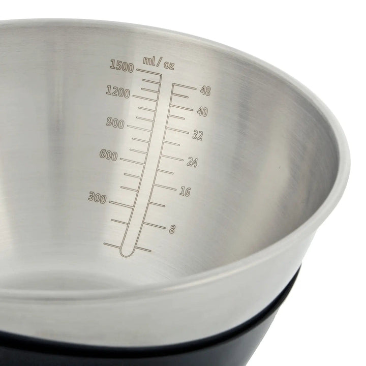 Close up of the measuring scale inside stainless steel bowl of kitchen scales